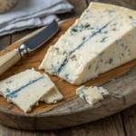 Gorgonzola cheese close-up with creamy blue veins.