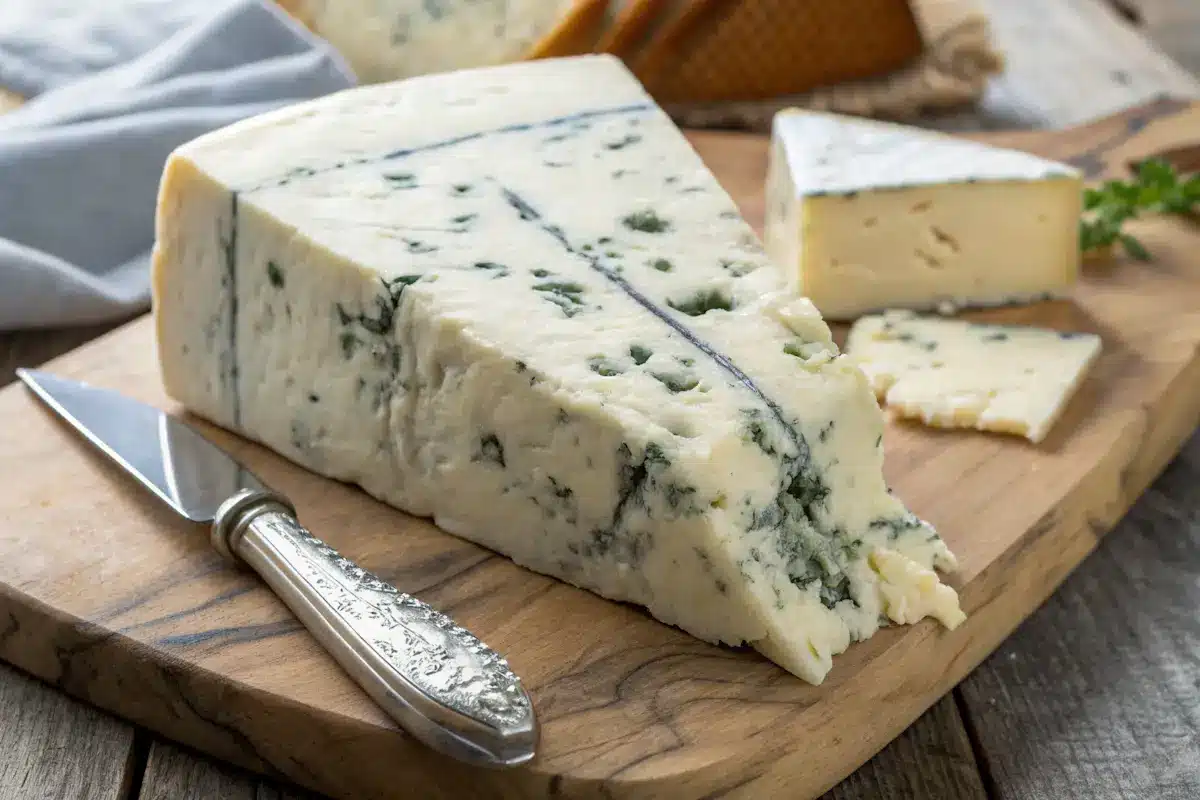 What Does Gorgonzola Taste Like? Close-up of Gorgonzola cheese with blue veins.