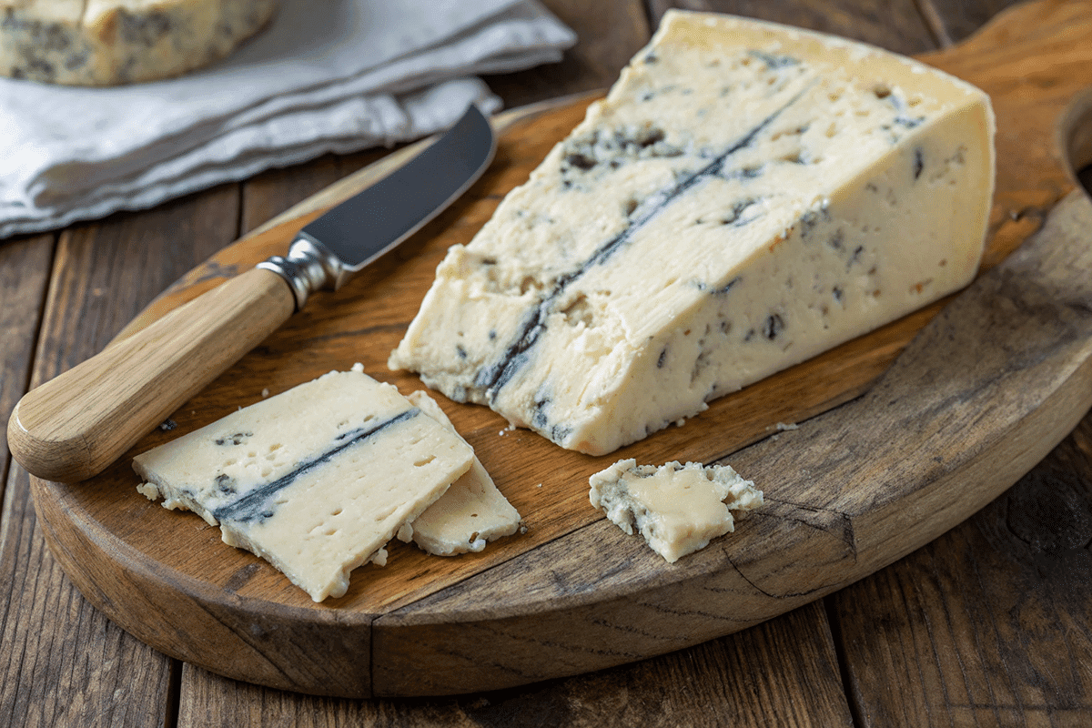 Gorgonzola cheese close-up with creamy blue veins.