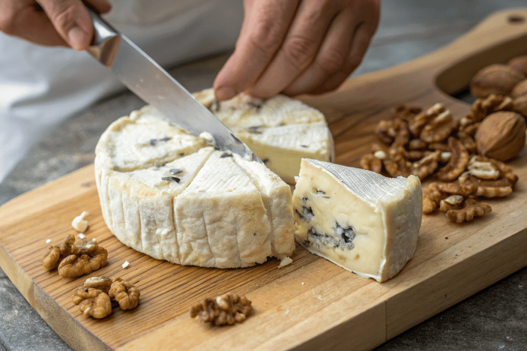 Sliced Gorgonzola Dolce cheese showing its creamy texture.