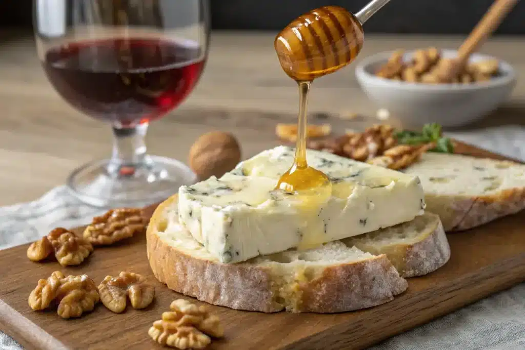 Gorgonzola Dolce spread on bread with honey.