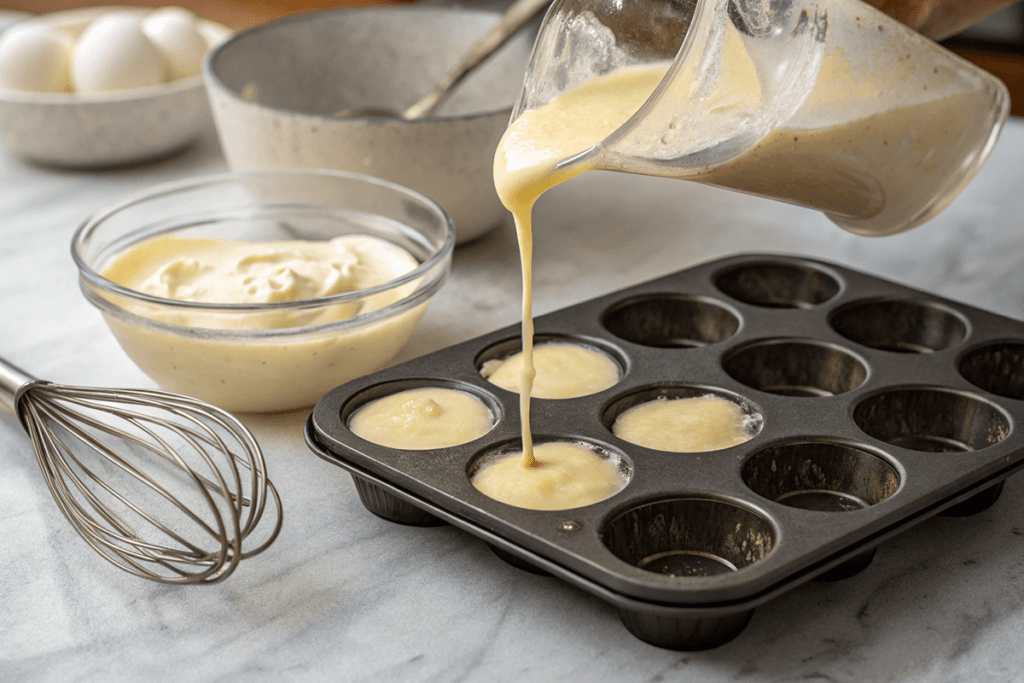 Pouring batter into molds for the madeleine cookies recipe using cream.