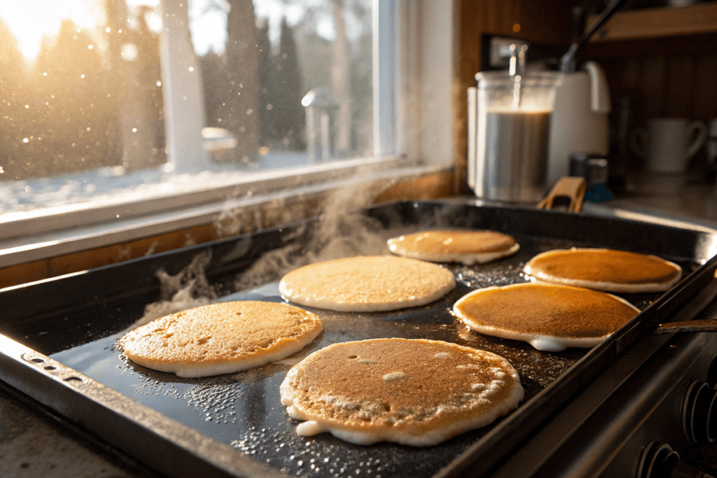 Sourdough discard pancakes cooking on a griddle.