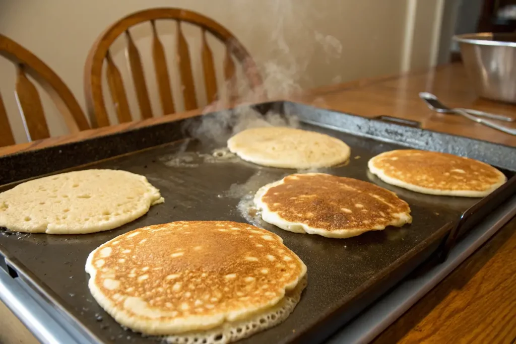 Sourdough pancakes cooking on a griddle with bubbles forming.