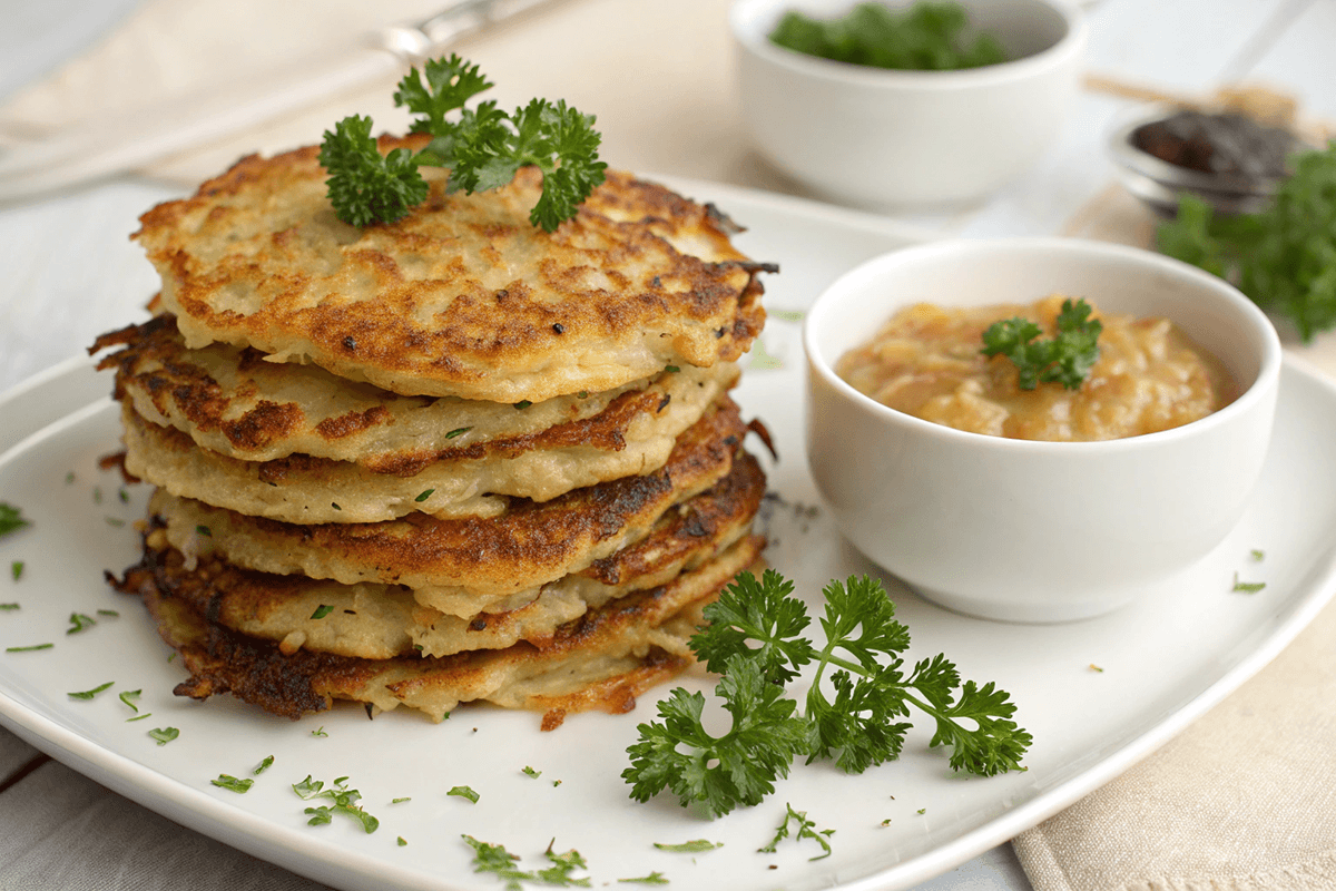 Are potato pancakes kosher for Passover? Crispy latkes served with applesauce.