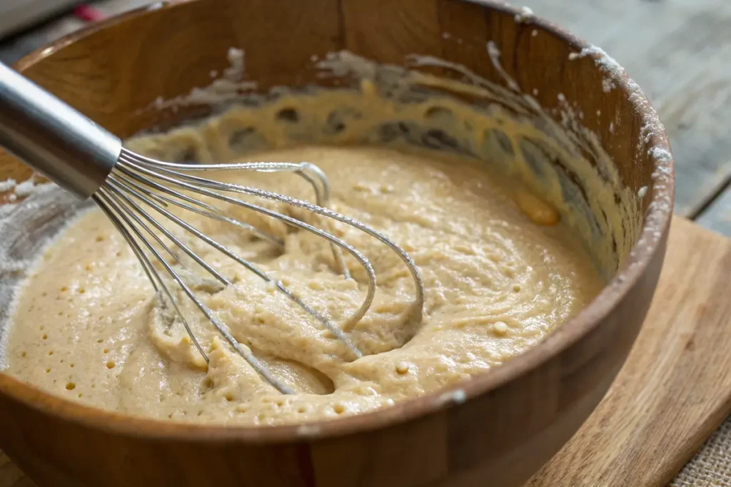 Mixing sourdough pancake batter for a tangy and fluffy texture.