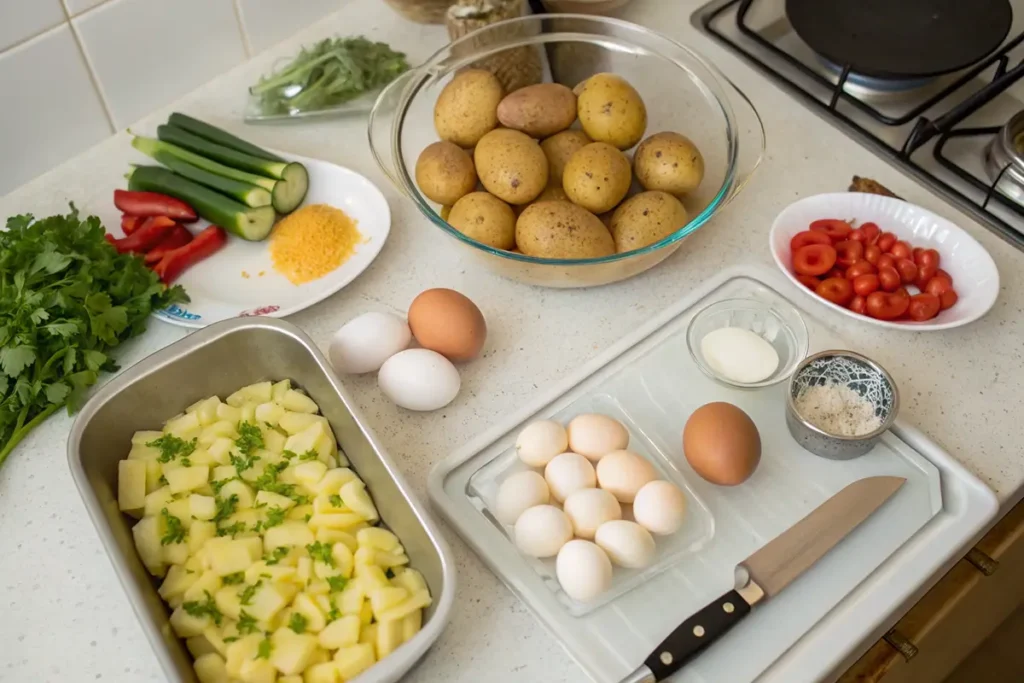Step-by-step preparation of Passover potato pie ingredients, including potatoes, eggs, and matzo meal, on a kitchen counter.