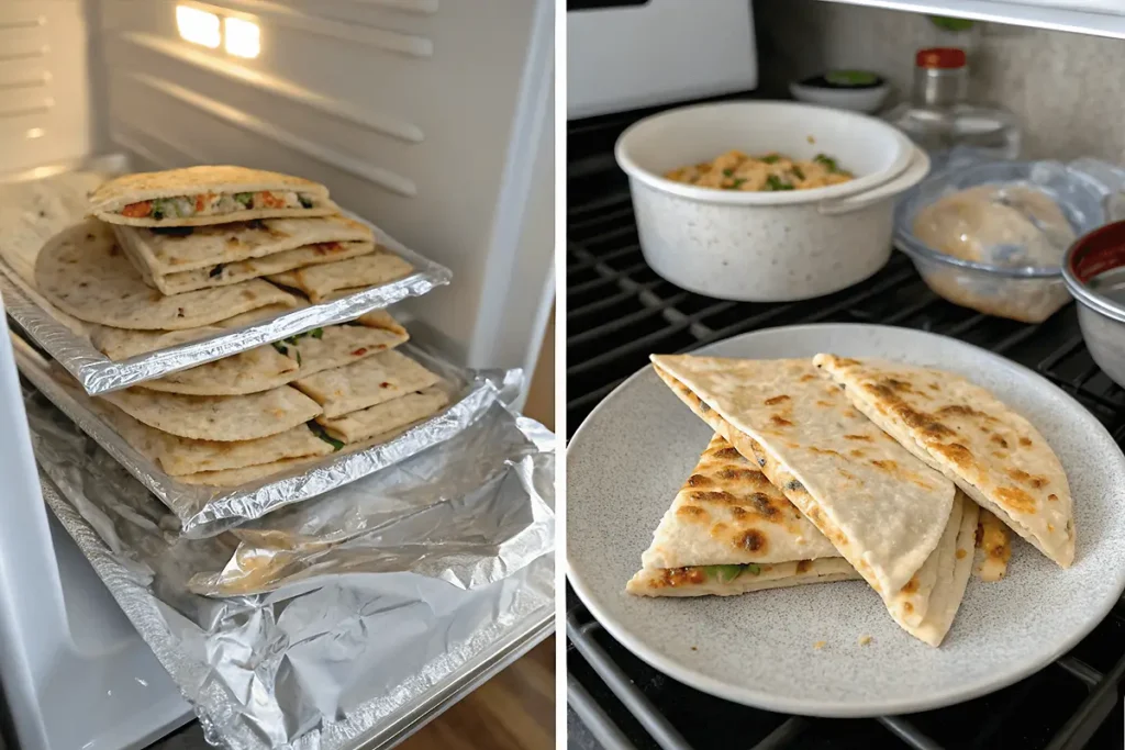 A guide on how to store and reheat leftover stuffed quesadillas.