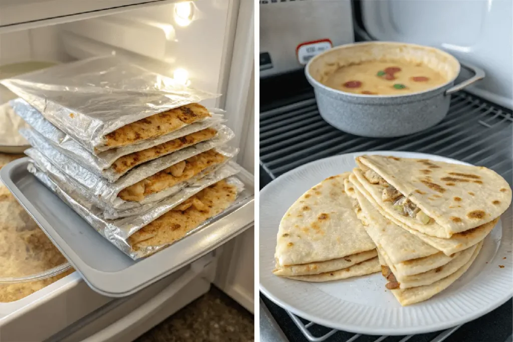 Two side-by-side images: the left shows stacked, foil-wrapped quesadillas stored in a refrigerator, and the right displays reheated quesadillas on a plate with a pot of melted cheese in the background.