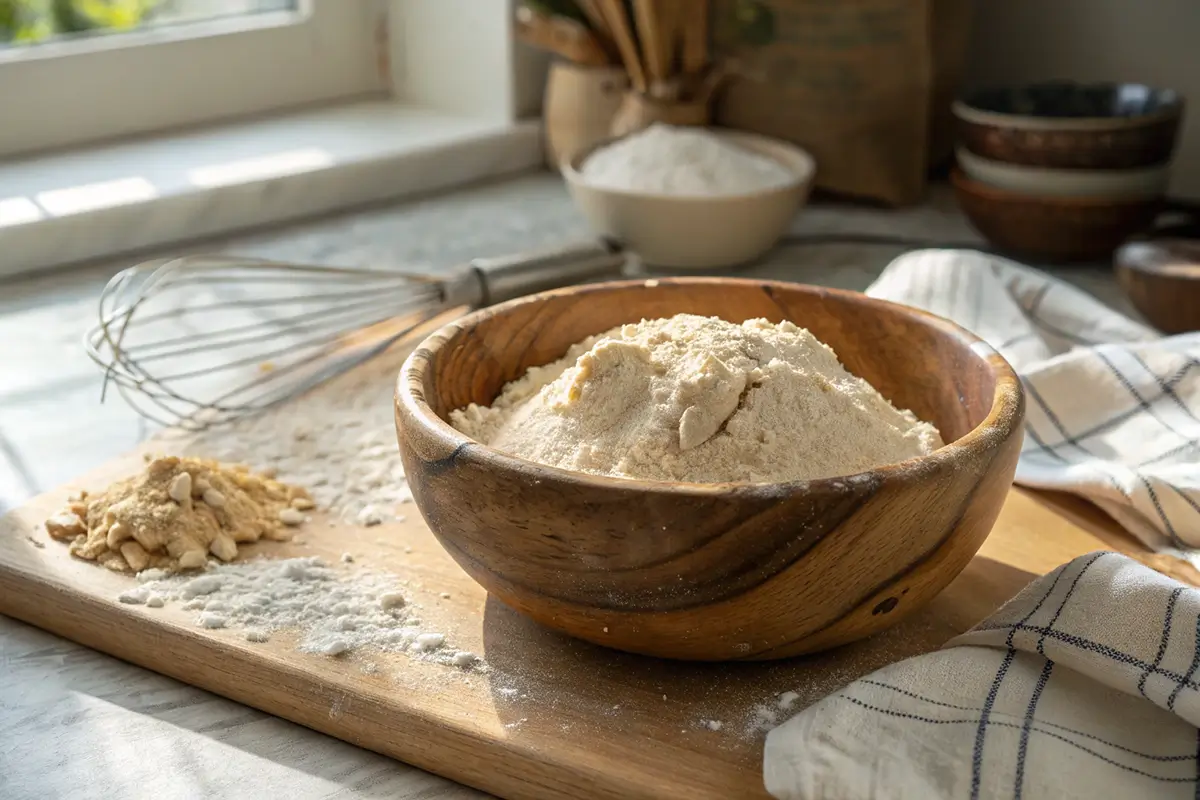 What can I do with old sourdough discard? A bowl of sourdough discard surrounded by baking tools.