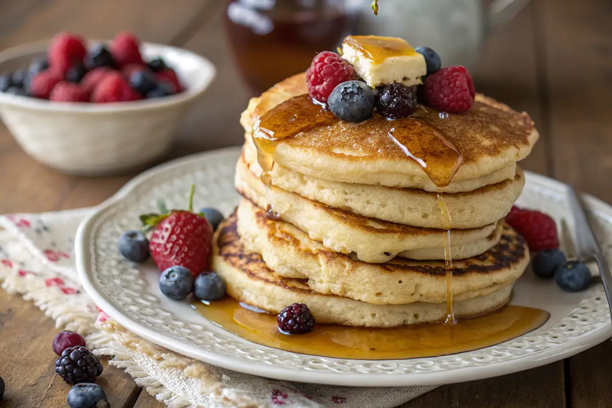 Why are sourdough pancakes better? A stack of pancakes with berries and syrup.