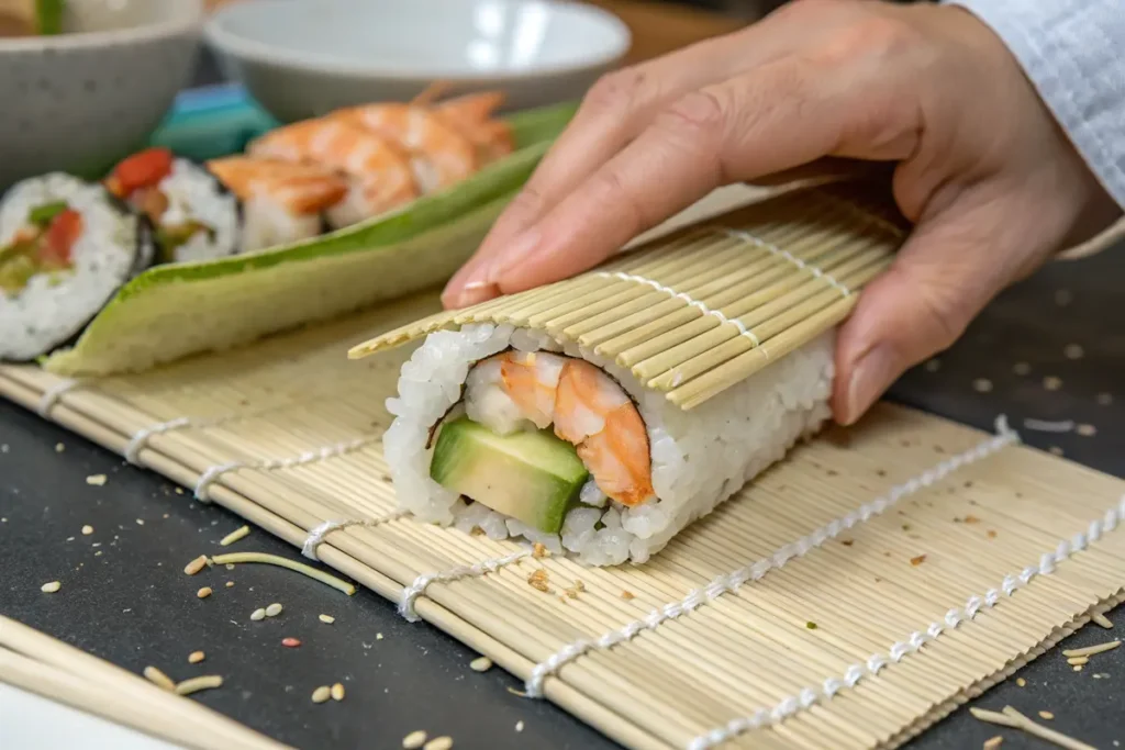 How to roll a Boston roll using a bamboo mat.