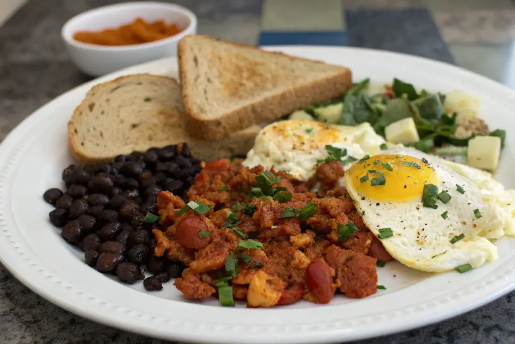 Are chorizo and eggs good for protein? A plated meal featuring chorizo, eggs, black beans, and toast.