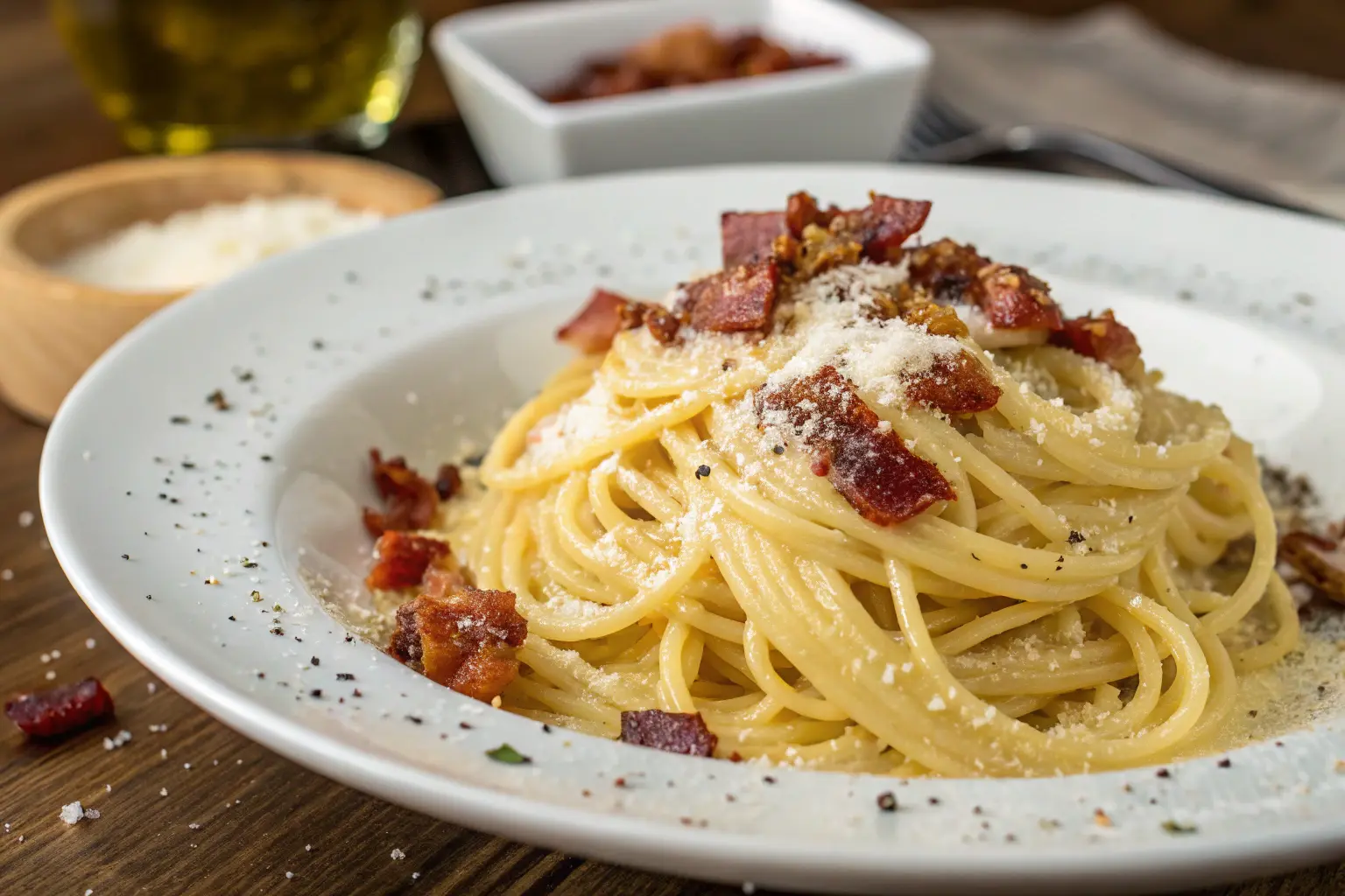 Authentic Italian Carbonara with creamy sauce and crispy guanciale