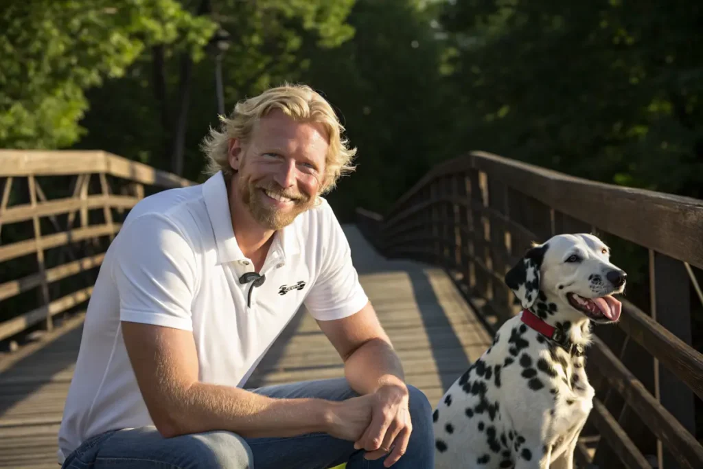 Alex Chef, a passionate culinary expert in his forties, sitting on a wooden bridge with his loyal Dalmatian. Dressed in a white polo shirt, he smiles warmly, embodying the spirit of hospitality and love for cooking. The natural setting with lush green trees and golden sunlight adds to the welcoming and relaxed atmosphere.