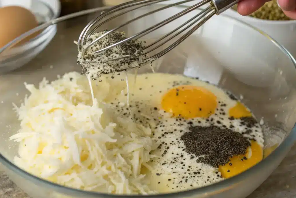 What is carbonara made of? A chef whisking egg yolks and Pecorino Romano for an authentic carbonara sauce.