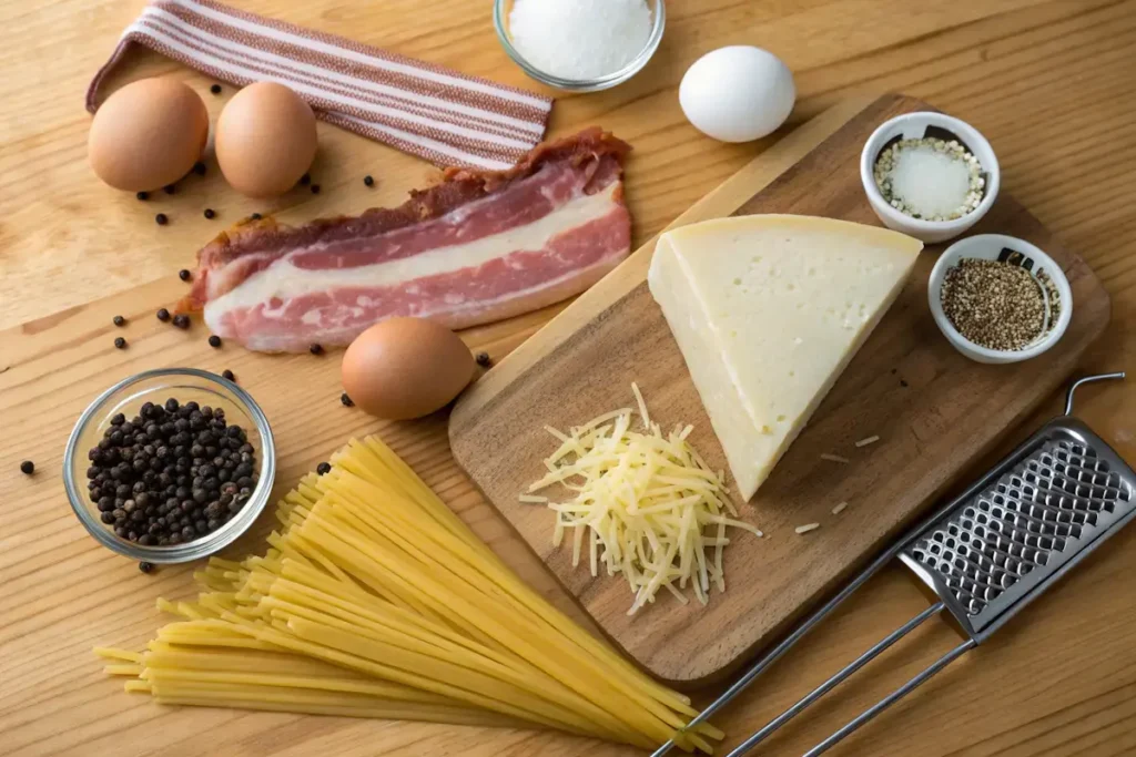 Traditional carbonara ingredients – eggs, guanciale, and Pecorino Romano