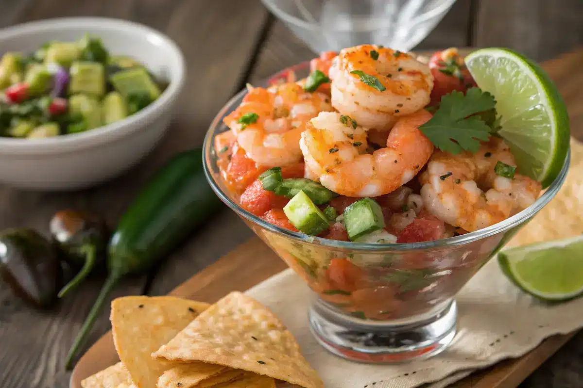 Ceviche de camarón served with lime, avocado, and tostadas.