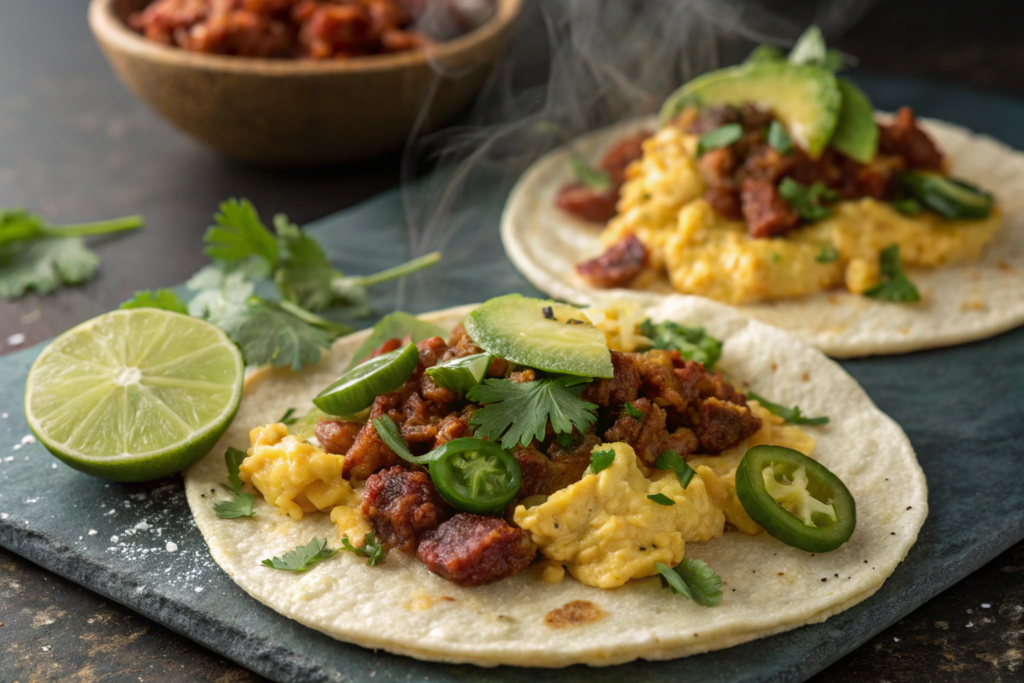 Chorizo and egg breakfast tacos with jalapeños and lime