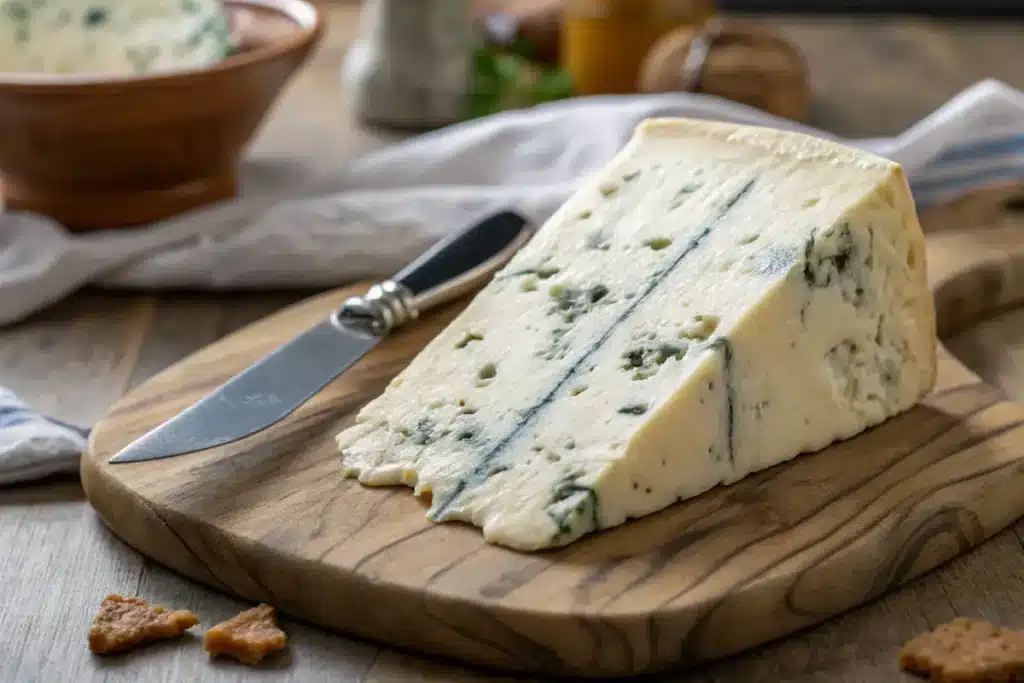 Is the blue in Gorgonzola mold? Close-up of Gorgonzola cheese with blue mold veins