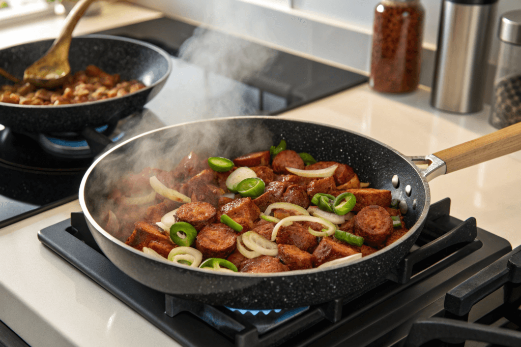 Chorizo cooking in a pan with jalapeños and onions