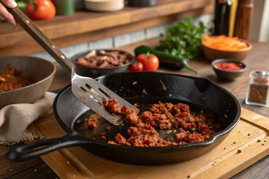 Do You Drain Chorizo Before Adding Eggs?
Mexican chorizo being cooked and crumbled in a skillet.