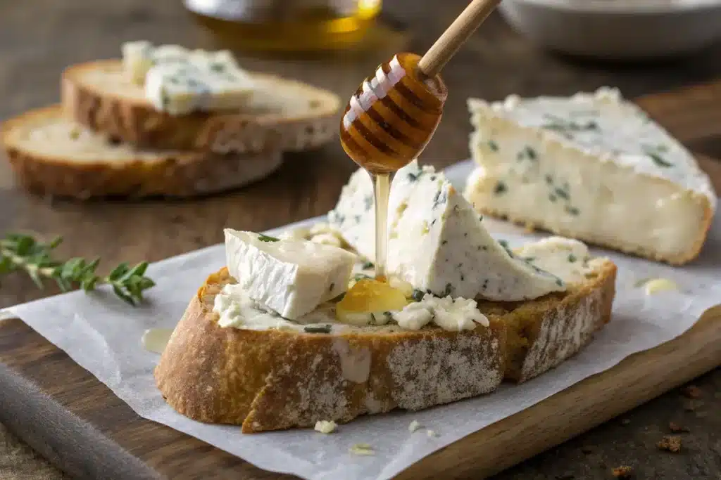 Gorgonzola Dolce spread on rustic bread with honey.