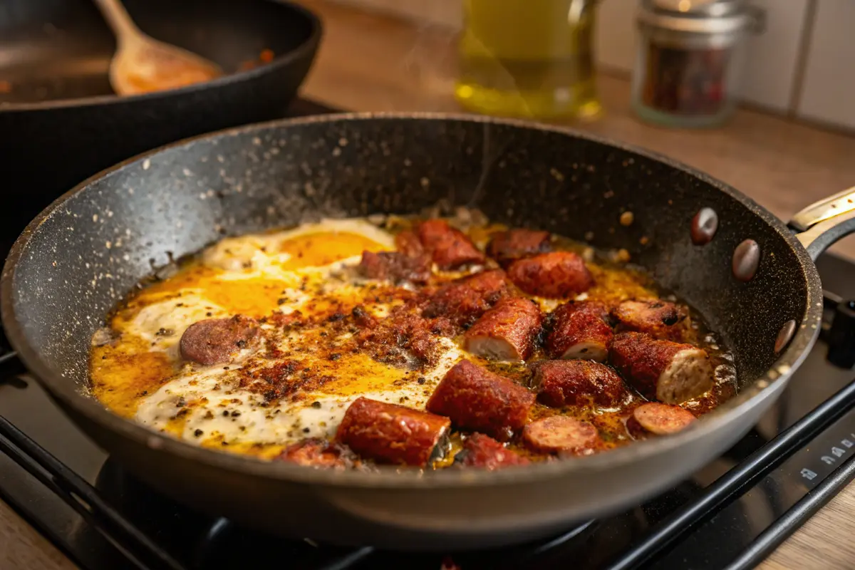 Do You Drain Chorizo Before Adding Eggs? A close-up of sizzling chorizo in a pan, with rich oils rendering before adding eggs.