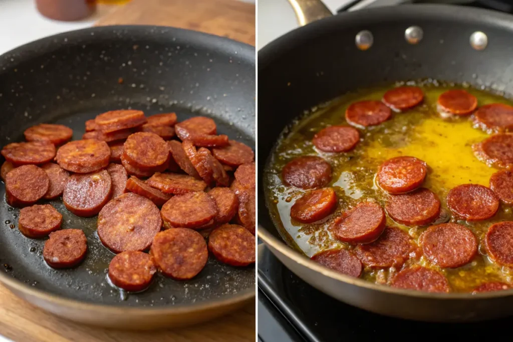 Drained vs. non-Do You Drain Chorizo Before Adding Eggs?
drained chorizo comparison in a skillet.