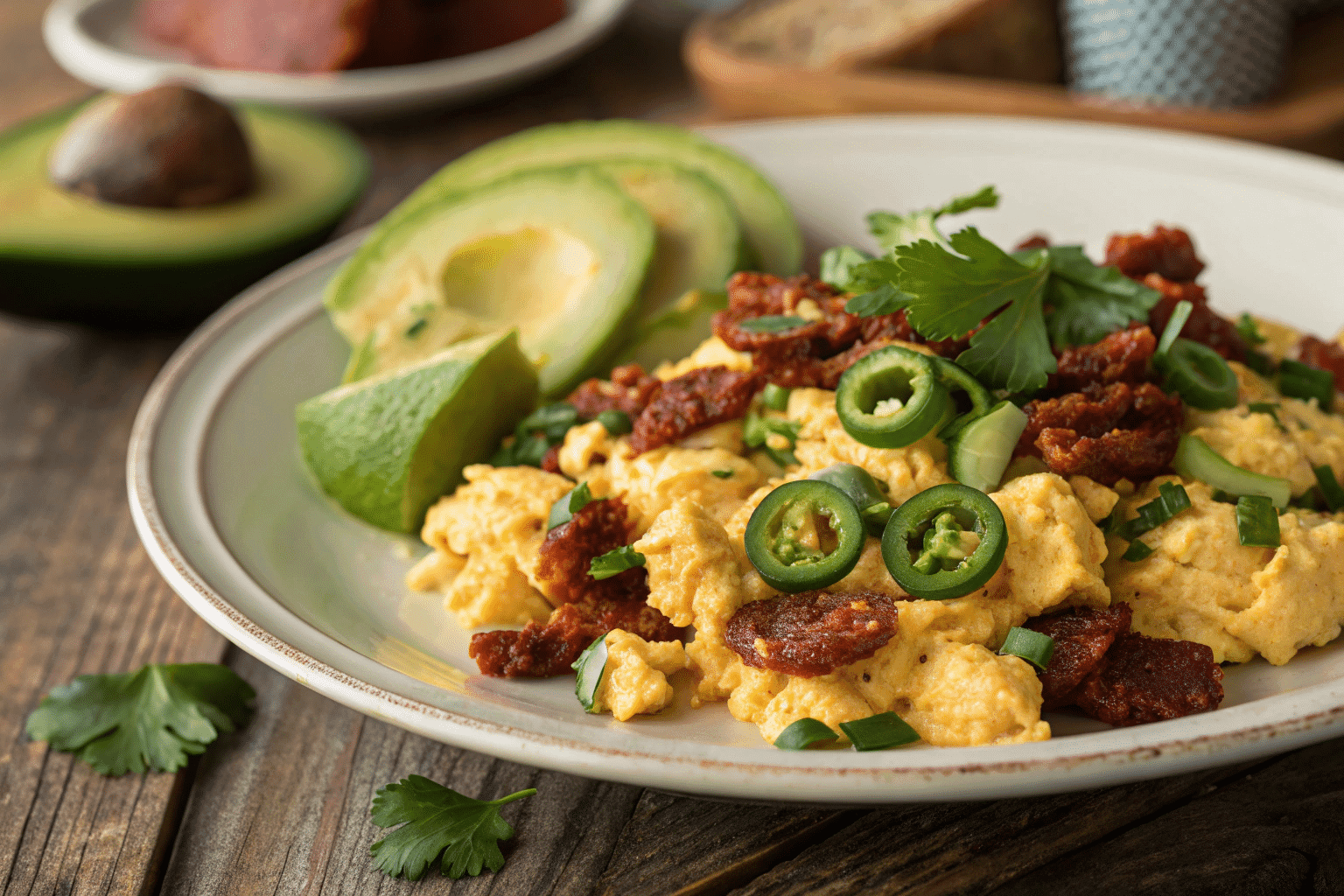 Scrambled eggs with chorizo and jalapeños, garnished with avocado