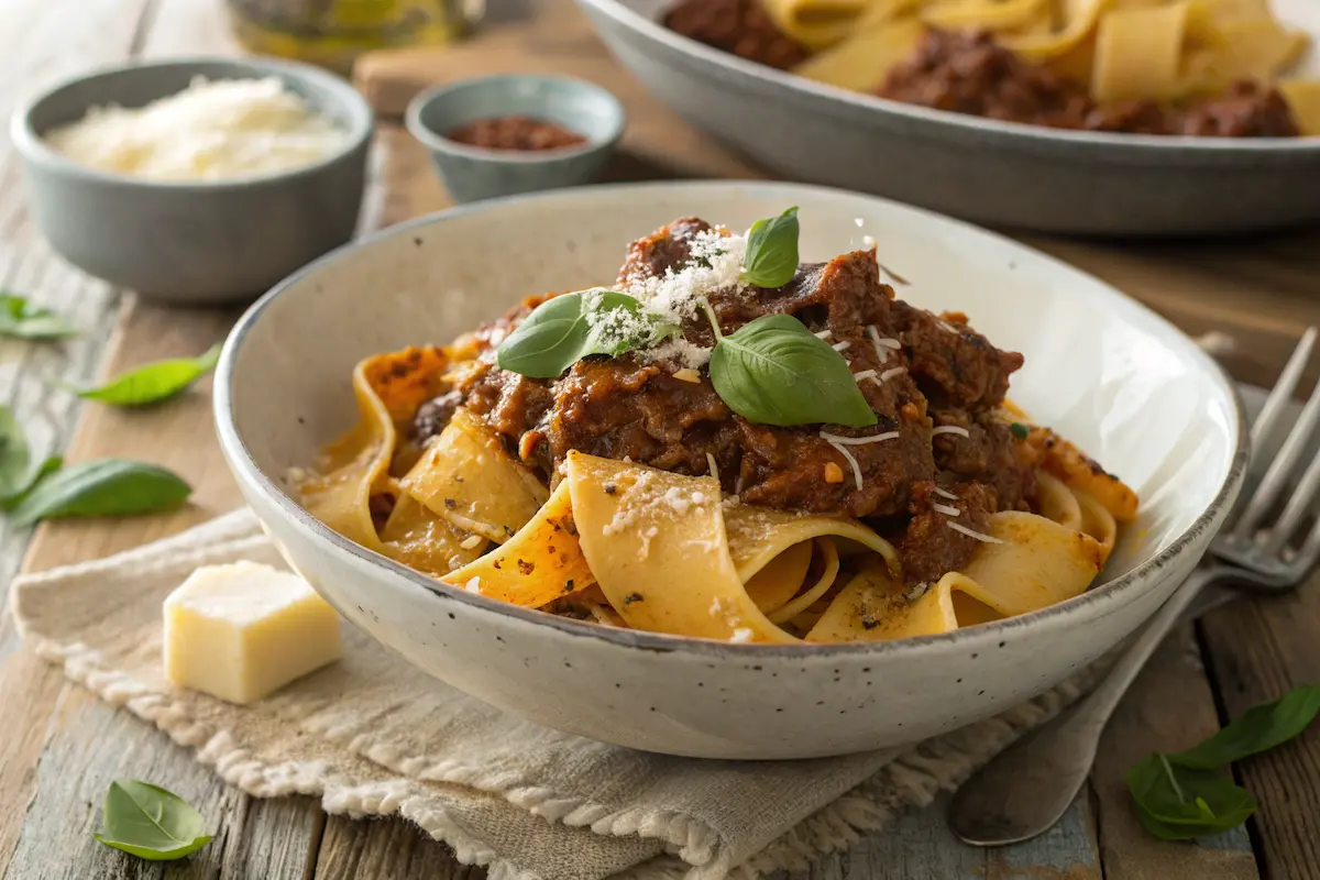 Fresh pappardelle pasta with beef ragu sauce