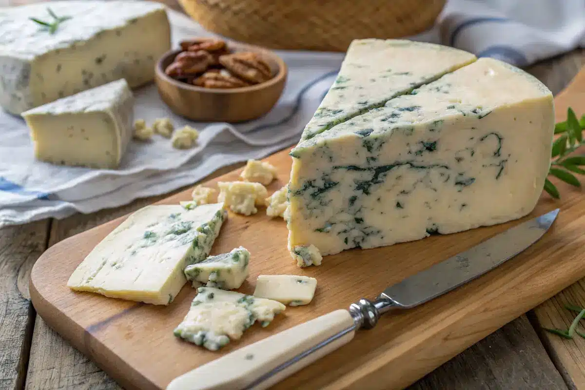 Are Blue Cheese and Gorgonzola the Same?Close-up of creamy Gorgonzola cheese with blue veins.