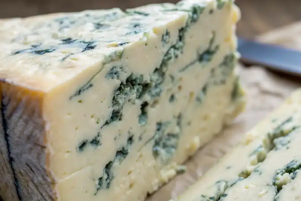 Close-up of the blue mold veins in Gorgonzola cheese.