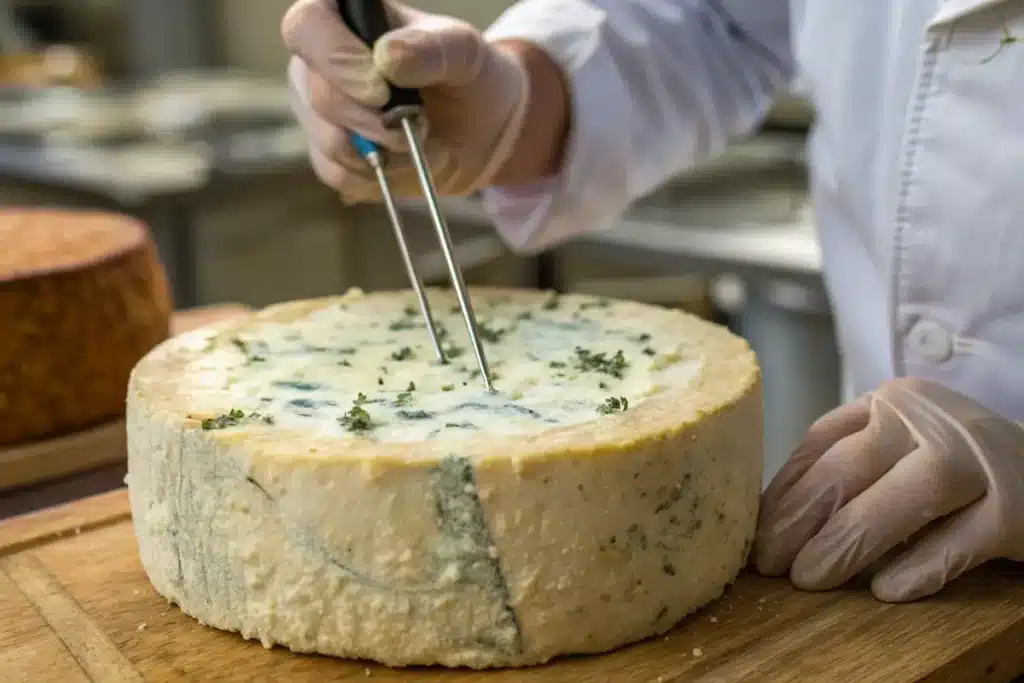 Cheesemaker needling Gorgonzola cheese for mold development