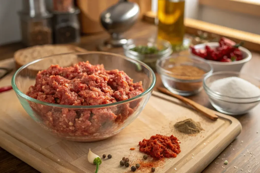 What Makes Chorizo Chorizo? Raw pork mixed with chorizo spices, ready for preparation