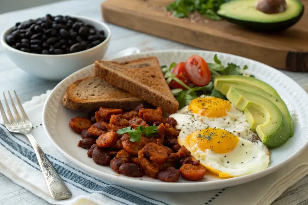  Is chorizo and eggs healthy? A plated meal with chorizo, eggs, black beans, and avocado.