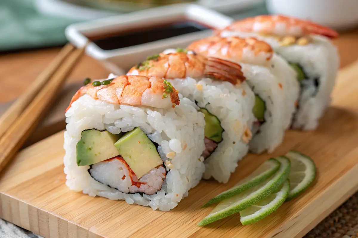 Is the Boston roll good? A freshly made Boston roll with shrimp, avocado, cucumber, and masago.