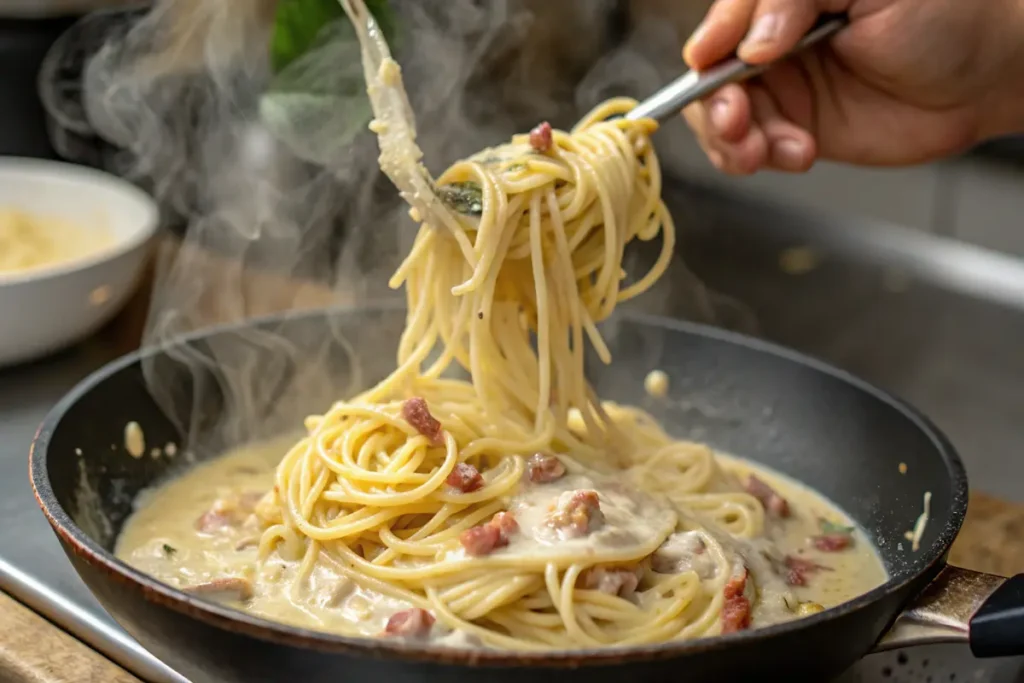 What are the ingredients of creamy carbonara? Spaghetti being tossed in a creamy carbonara sauce.