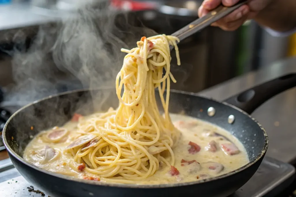 Tossing spaghetti in creamy carbonara sauce