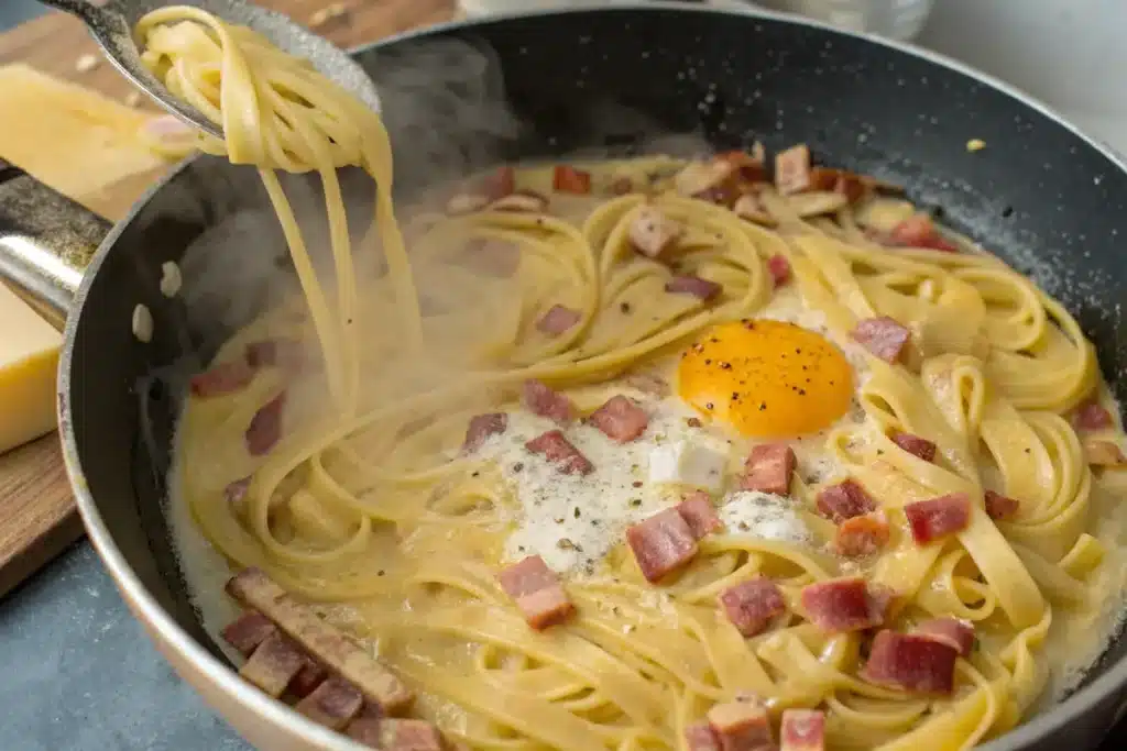 What Is the Sauce in Carbonara? Mixing pasta with egg and cheese mixture to create carbonara sauce.