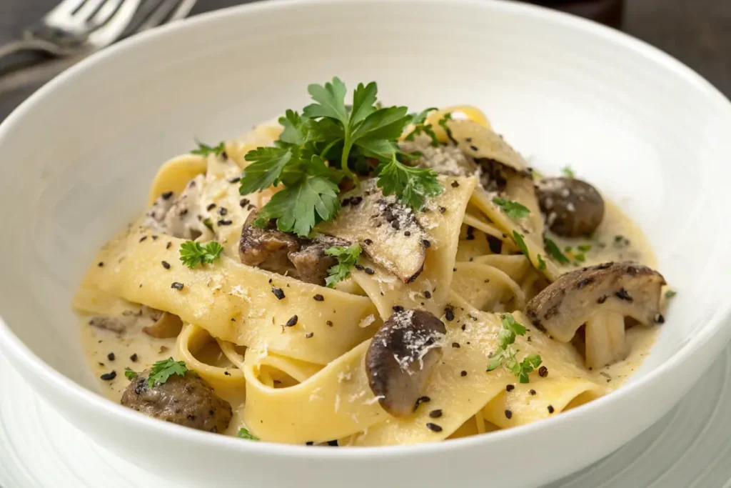 Pappardelle pasta with creamy mushroom sauce