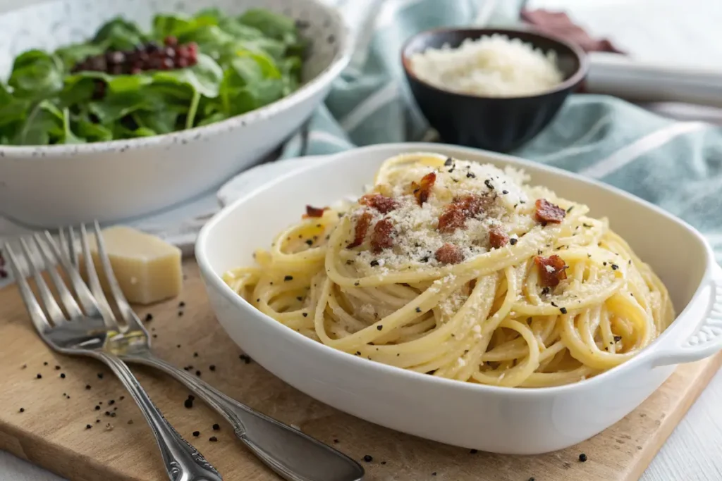 Plated spaghetti What is the sauce in carbonara? carbonara with Pecorino Romano and black pepper.