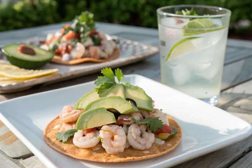 Ceviche de camarón on a tostada with avocado and cilantro