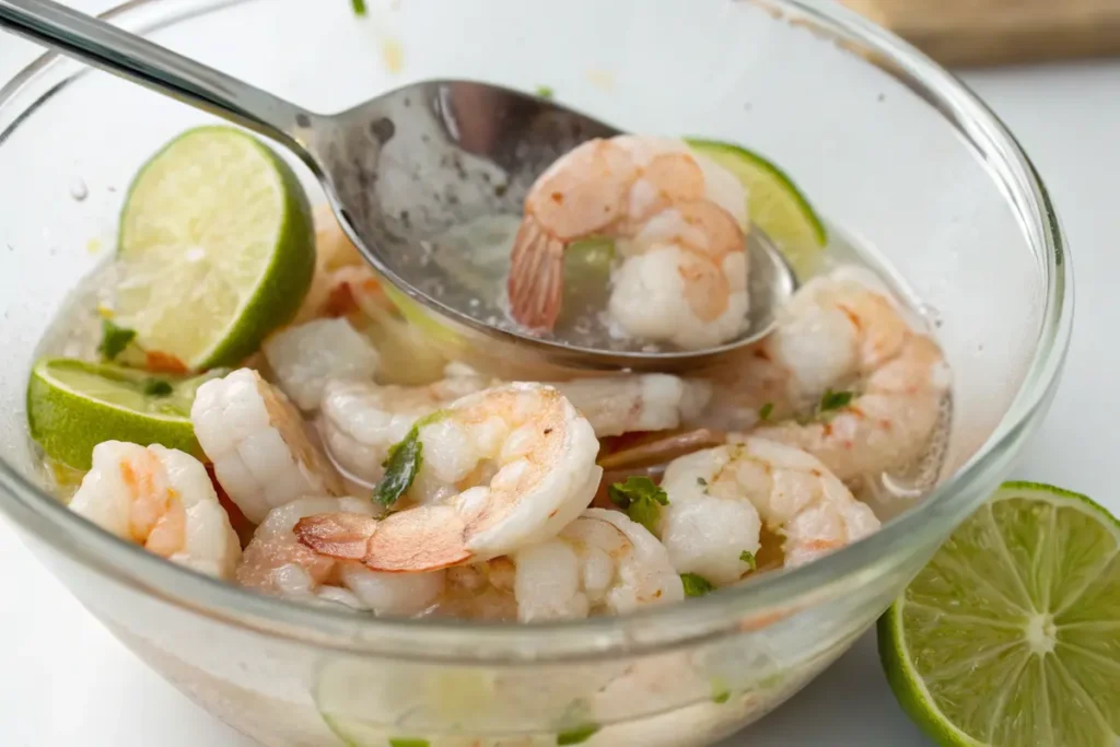 Raw shrimp marinating in lime juice for ceviche de camarón