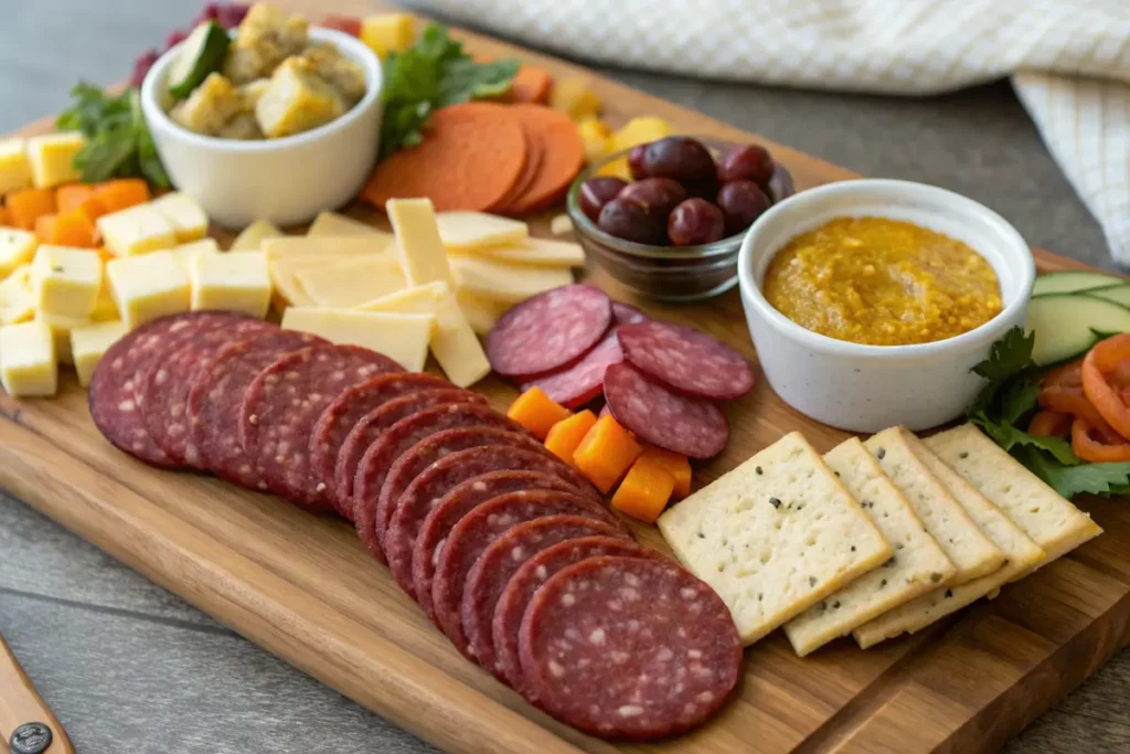 Smoked summer sausage served with cheese and crackers