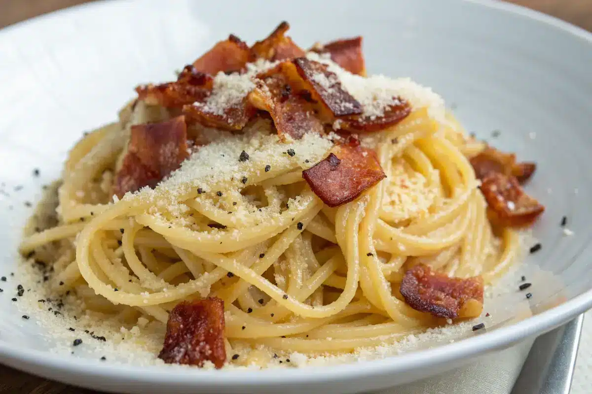 What is carbonara made of? A close-up of classic spaghetti carbonara with guanciale and Pecorino Romano.