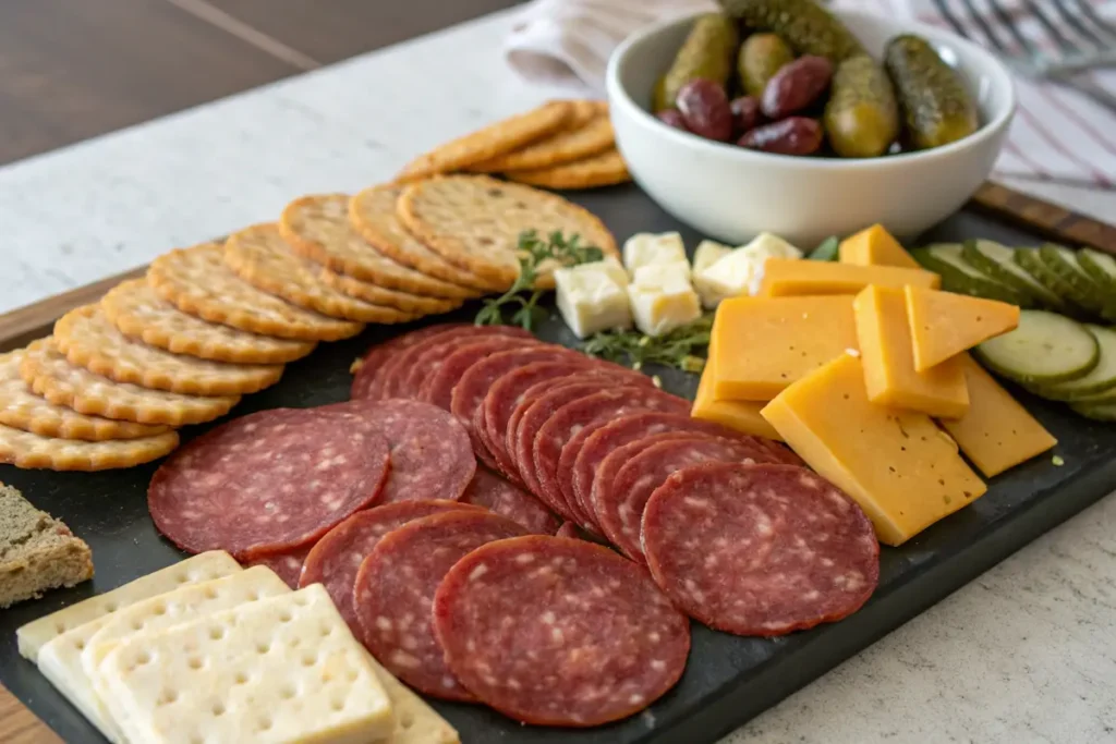 Charcuterie board with summer sausage, salami, and pepperoni.