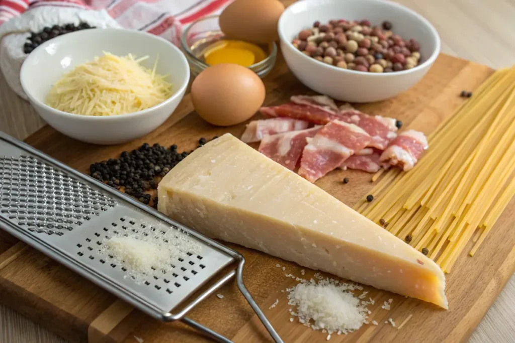 What are the ingredients of creamy carbonara? Traditional carbonara ingredients with guanciale, eggs, and Pecorino Romano.