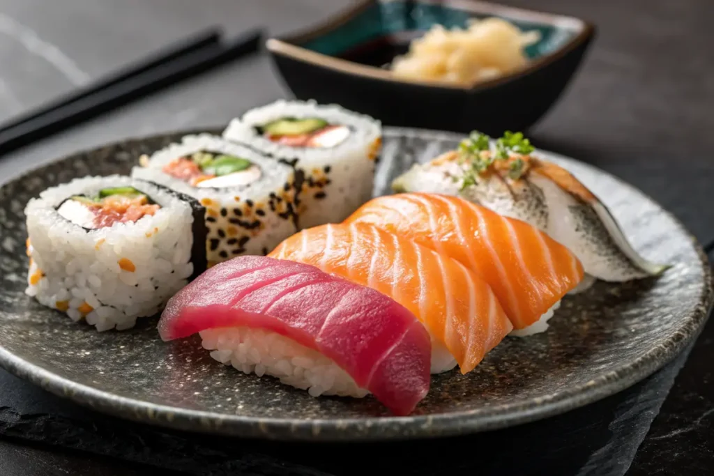 Three types of sushi: nigiri, sashimi, and maki rolls, including Boston and New York rolls.