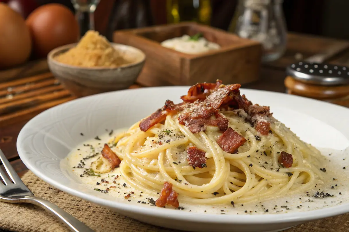 What are the ingredients of creamy carbonara? A plate of traditional carbonara with guanciale and Pecorino Romano